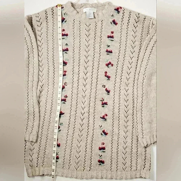 Jump Tricot Lenin Blend Beige 3D Embroidered Chunky Knit Sz L long Line Sweater - Picture 5 of 9